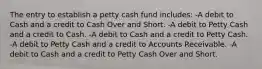 The entry to establish a petty cash fund includes: -A debit to Cash and a credit to Cash Over and Short. -A debit to Petty Cash and a credit to Cash. -A debit to Cash and a credit to Petty Cash. -A debit to Petty Cash and a credit to Accounts Receivable. -A debit to Cash and a credit to Petty Cash Over and Short.