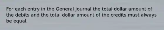 For each entry in the General Journal the total dollar amount of the debits and the total dollar amount of the credits must always be equal.