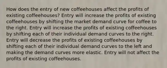 How does the entry of new coffeehouses affect the profits of existing coffeehouses? Entry will increase the profits of existing coffeehouses by shifting the market demand curve for coffee to the right. Entry will increase the profits of existing coffeehouses by shifting each of their individual demand curves to the right. Entry will decrease the profits of existing coffeehouses by shifting each of their individual demand curves to the left and making the demand curves more elastic. Entry will not affect the profits of existing coffeehouses.