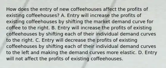 How does the entry of new coffeehouses affect the profits of existing coffeehouses? A. Entry will increase the profits of existing coffeehouses by shifting the market demand curve for coffee to the right. B. Entry will increase the profits of existing coffeehouses by shifting each of their individual demand curves to the right. C. Entry will decrease the profits of existing coffeehouses by shifting each of their individual demand curves to the left and making the demand curves more elastic. D. Entry will not affect the profits of existing coffeehouses.