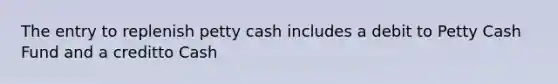 The entry to replenish petty cash includes a debit to Petty Cash Fund and a creditto Cash