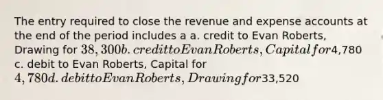 The entry required to close the revenue and expense accounts at the end of the period includes a a. credit to Evan Roberts, Drawing for 38,300 b. credit to Evan Roberts, Capital for4,780 c. debit to Evan Roberts, Capital for 4,780 d. debit to Evan Roberts, Drawing for33,520