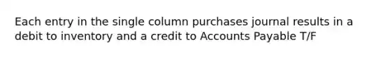 Each entry in the single column purchases journal results in a debit to inventory and a credit to Accounts Payable T/F