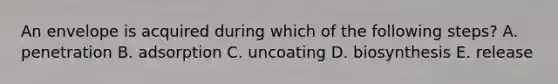 An envelope is acquired during which of the following steps? A. penetration B. adsorption C. uncoating D. biosynthesis E. release