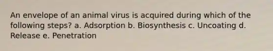 An envelope of an animal virus is acquired during which of the following steps? a. Adsorption b. Biosynthesis c. Uncoating d. Release e. Penetration