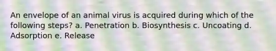 An envelope of an animal virus is acquired during which of the following steps? a. Penetration b. Biosynthesis c. Uncoating d. Adsorption e. Release