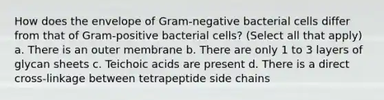 How does the envelope of Gram-negative bacterial cells differ from that of Gram-positive bacterial cells? (Select all that apply) a. There is an outer membrane b. There are only 1 to 3 layers of glycan sheets c. Teichoic acids are present d. There is a direct cross-linkage between tetrapeptide side chains