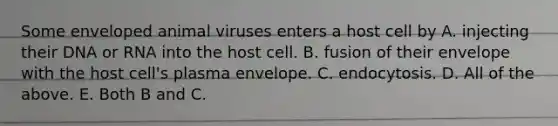 Some enveloped animal viruses enters a host cell by A. injecting their DNA or RNA into the host cell. B. fusion of their envelope with the host cell's plasma envelope. C. endocytosis. D. All of the above. E. Both B and C.