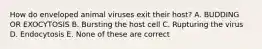 How do enveloped animal viruses exit their host? A. BUDDING OR EXOCYTOSIS B. Bursting the host cell C. Rupturing the virus D. Endocytosis E. None of these are correct