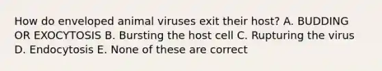 How do enveloped animal viruses exit their host? A. BUDDING OR EXOCYTOSIS B. Bursting the host cell C. Rupturing the virus D. Endocytosis E. None of these are correct