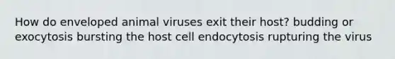 How do enveloped animal viruses exit their host? budding or exocytosis bursting the host cell endocytosis rupturing the virus