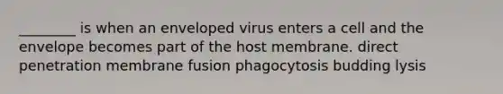 ________ is when an enveloped virus enters a cell and the envelope becomes part of the host membrane. direct penetration membrane fusion phagocytosis budding lysis