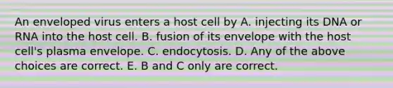 An enveloped virus enters a host cell by A. injecting its DNA or RNA into the host cell. B. fusion of its envelope with the host cell's plasma envelope. C. endocytosis. D. Any of the above choices are correct. E. B and C only are correct.