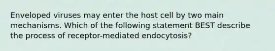 Enveloped viruses may enter the host cell by two main mechanisms. Which of the following statement BEST describe the process of receptor-mediated endocytosis?