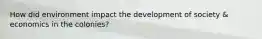 How did environment impact the development of society & economics in the colonies?