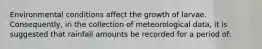 Environmental conditions affect the growth of larvae. Consequently, in the collection of meteorological data, it is suggested that rainfall amounts be recorded for a period of:​