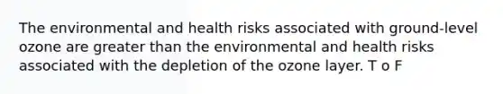 The environmental and health risks associated with ground-level ozone are <a href='https://www.questionai.com/knowledge/ktgHnBD4o3-greater-than' class='anchor-knowledge'>greater than</a> the environmental and health risks associated with the depletion of the ozone layer. T o F