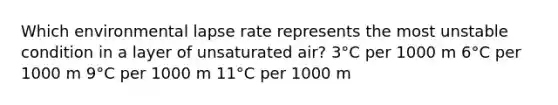 Which environmental lapse rate represents the most unstable condition in a layer of unsaturated air? 3°C per 1000 m 6°C per 1000 m 9°C per 1000 m 11°C per 1000 m