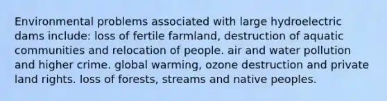 Environmental problems associated with large hydroelectric dams include: loss of fertile farmland, destruction of aquatic communities and relocation of people. air and water pollution and higher crime. global warming, ozone destruction and private land rights. loss of forests, streams and native peoples.