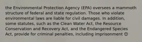 the Environmental Protection Agency (EPA) oversees a mammoth structure of federal and state regulation. Those who violate environmental laws are liable for civil damages. In addition, some statutes, such as the Clean Water Act, the Resource Conservation and Recovery Act, and the Endangered Species Act, provide for criminal penalties, including imprisonment 😊