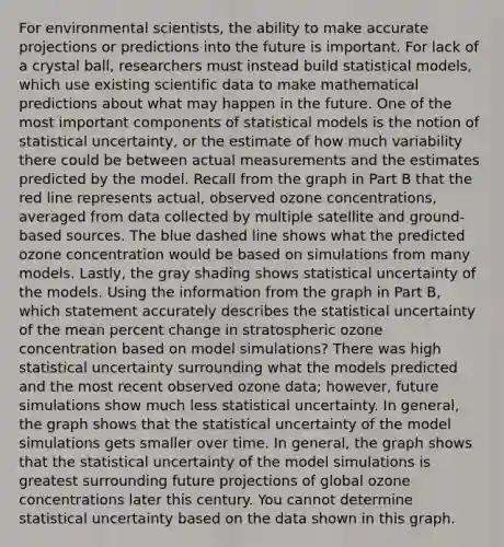 For environmental scientists, the ability to make accurate projections or predictions into the future is important. For lack of a crystal ball, researchers must instead build statistical models, which use existing scientific data to make mathematical predictions about what may happen in the future. One of the most important components of statistical models is the notion of statistical uncertainty, or the estimate of how much variability there could be between actual measurements and the estimates predicted by the model. Recall from the graph in Part B that the red line represents actual, observed ozone concentrations, averaged from data collected by multiple satellite and ground-based sources. The blue dashed line shows what the predicted ozone concentration would be based on simulations from many models. Lastly, the gray shading shows statistical uncertainty of the models. Using the information from the graph in Part B, which statement accurately describes the statistical uncertainty of the mean percent change in stratospheric ozone concentration based on model simulations? There was high statistical uncertainty surrounding what the models predicted and the most recent observed ozone data; however, future simulations show much less statistical uncertainty. In general, the graph shows that the statistical uncertainty of the model simulations gets smaller over time. In general, the graph shows that the statistical uncertainty of the model simulations is greatest surrounding future projections of global ozone concentrations later this century. You cannot determine statistical uncertainty based on the data shown in this graph.