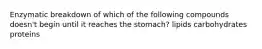 Enzymatic breakdown of which of the following compounds doesn't begin until it reaches the stomach? lipids carbohydrates proteins