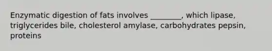 Enzymatic digestion of fats involves ________, which lipase, triglycerides bile, cholesterol amylase, carbohydrates pepsin, proteins