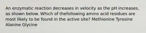 An enzymatic reaction decreases in velocity as the pH increases, as shown below. Which of thefollowing amino acid residues are most likely to be found in the active site? Methionine Tyrosine Alanine Glycine