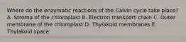 Where do the enzymatic reactions of the Calvin cycle take place? A. Stroma of the chloroplast B. Electron transport chain C. Outer membrane of the chloroplast D. Thylakoid membranes E. Thylakoid space