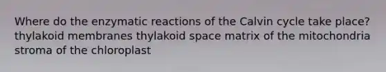 Where do the enzymatic reactions of the Calvin cycle take place? thylakoid membranes thylakoid space matrix of the mitochondria stroma of the chloroplast