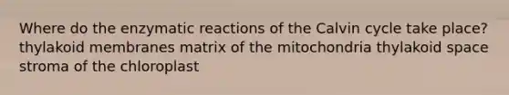 Where do the enzymatic reactions of the Calvin cycle take place? thylakoid membranes matrix of the mitochondria thylakoid space stroma of the chloroplast