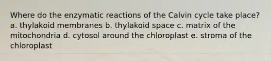 Where do the enzymatic reactions of the Calvin cycle take place? a. thylakoid membranes b. thylakoid space c. matrix of the mitochondria d. cytosol around the chloroplast e. stroma of the chloroplast