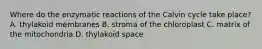 Where do the enzymatic reactions of the Calvin cycle take place? A. thylakoid membranes B. stroma of the chloroplast C. matrix of the mitochondria D. thylakoid space