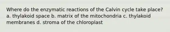 Where do the enzymatic reactions of the Calvin cycle take place? a. thylakoid space b. matrix of the mitochondria c. thylakoid membranes d. stroma of the chloroplast