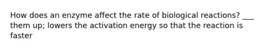 How does an enzyme affect the rate of biological reactions? ___ them up; lowers the activation energy so that the reaction is faster