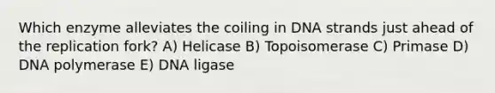 Which enzyme alleviates the coiling in DNA strands just ahead of the replication fork? A) Helicase B) Topoisomerase C) Primase D) DNA polymerase E) DNA ligase