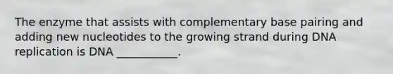 The enzyme that assists with complementary base pairing and adding new nucleotides to the growing strand during <a href='https://www.questionai.com/knowledge/kofV2VQU2J-dna-replication' class='anchor-knowledge'>dna replication</a> is DNA ___________.