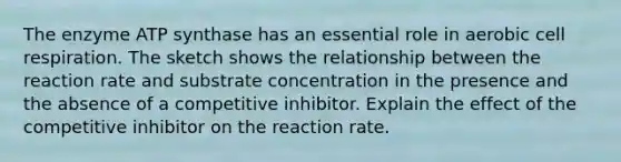 The enzyme ATP synthase has an essential role in aerobic cell respiration. The sketch shows the relationship between the reaction rate and substrate concentration in the presence and the absence of a competitive inhibitor. Explain the effect of the competitive inhibitor on the reaction rate.