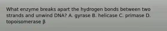 What enzyme breaks apart the hydrogen bonds between two strands and unwind DNA? A. gyrase B. helicase C. primase D. topoisomerase β