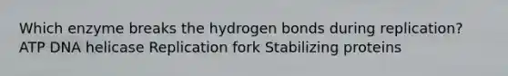 Which enzyme breaks the hydrogen bonds during replication? ATP DNA helicase Replication fork Stabilizing proteins