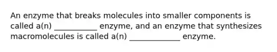 An enzyme that breaks molecules into smaller components is called a(n) ___________ enzyme, and an enzyme that synthesizes macromolecules is called a(n) _____________ enzyme.