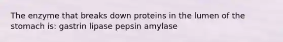 The enzyme that breaks down proteins in the lumen of the stomach is: gastrin lipase pepsin amylase