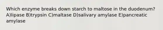 Which enzyme breaks down starch to maltose in the duodenum? A)lipase B)trypsin C)maltase D)salivary amylase E)pancreatic amylase