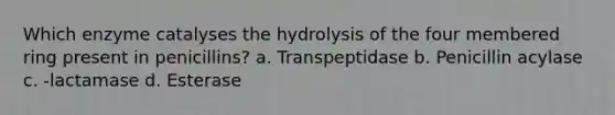 Which enzyme catalyses the hydrolysis of the four membered ring present in penicillins? a. Transpeptidase b. Penicillin acylase c. -lactamase d. Esterase