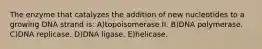 The enzyme that catalyzes the addition of new nucleotides to a growing DNA strand is: A)topoisomerase II. B)DNA polymerase. C)DNA replicase. D)DNA ligase. E)helicase.