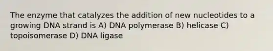 The enzyme that catalyzes the addition of new nucleotides to a growing DNA strand is A) DNA polymerase B) helicase C) topoisomerase D) DNA ligase