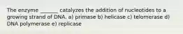 The enzyme _______ catalyzes the addition of nucleotides to a growing strand of DNA. a) primase b) helicase c) telomerase d) DNA polymerase e) replicase