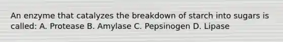 An enzyme that catalyzes the breakdown of starch into sugars is called: A. Protease B. Amylase C. Pepsinogen D. Lipase