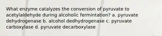 What enzyme catalyzes the conversion of pyruvate to acetylaldehyde during alcoholic fermintation? a. pyruvate dehydrogenase b. alcohol dedhydrogenase c. pyruvate carboxylase d. pyruvate decarboxylase