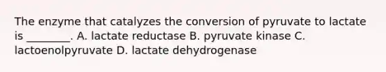 The enzyme that catalyzes the conversion of pyruvate to lactate is ________. A. lactate reductase B. pyruvate kinase C. lactoenolpyruvate D. lactate dehydrogenase